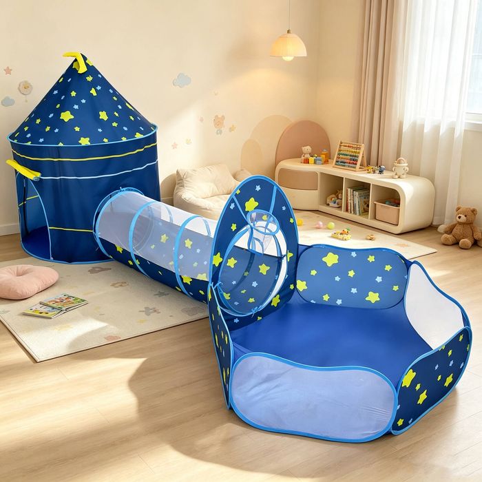 Ufurniture 3-in-1 Kids Play Tent with Ball Pit and Crawling Tunnel Basketball Hoop Foldable Pop-Up Kids Playhouse Blue