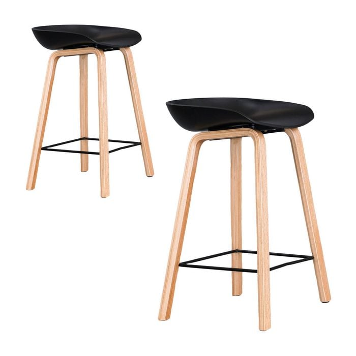 Claire Set of 2 Bar Stools Kitchen Counter PP Seat Wooden Metal Leg Black Natural