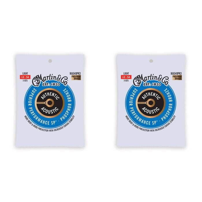 2x 3PK Martin Guitar MA540PK3 Authentic Strings 92/8 Phosphor Bronze Light