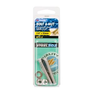 Zenith 1/4" x 50mm Stainless Steel Countersunk Bolt And Nut - 2 Pack