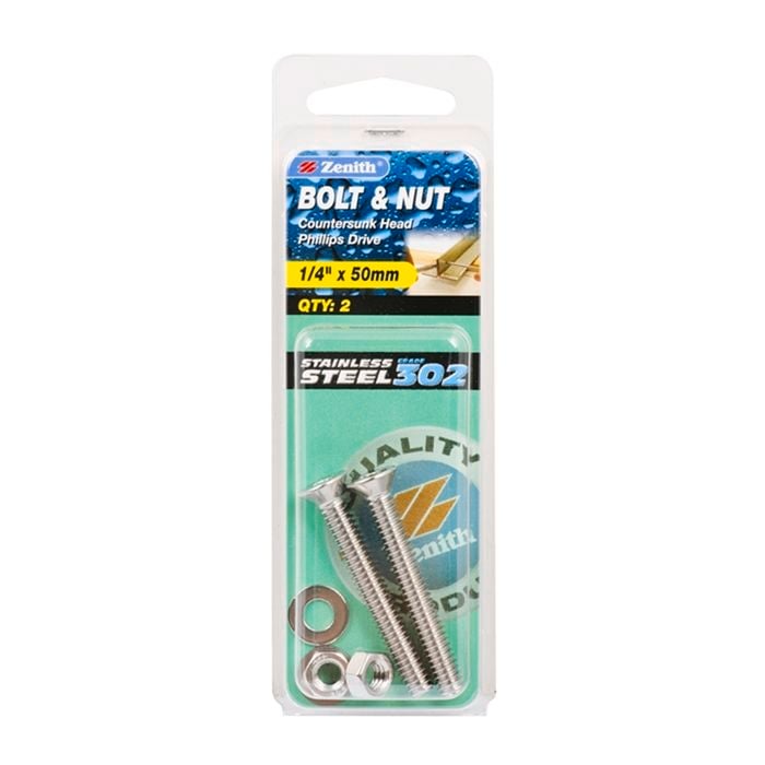 Zenith 1/4" x 50mm Stainless Steel Countersunk Bolt And Nut - 2 Pack
