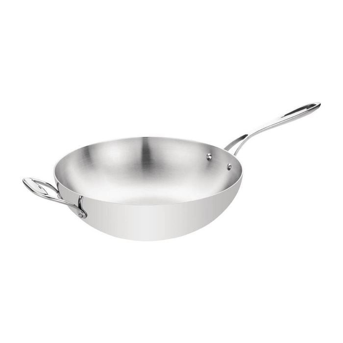 Vogue Tri-wall Wok Flat Base Stainless Steel 300mm 4.8l Induction Compatible Commercial Kitchenware