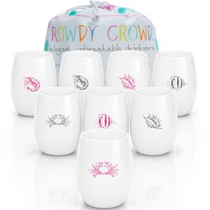 Rowdy Crowd Wine White Tumblers 425ml By The Sea Set of 8 - Unbreakable Tritan Plastic Dishwasher Safe