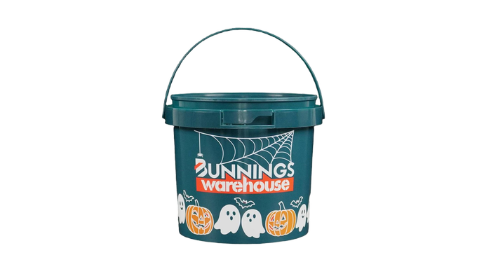 Bunnings 2L Halloween Bucket with images of ghosts and pumpkins on the front of it.