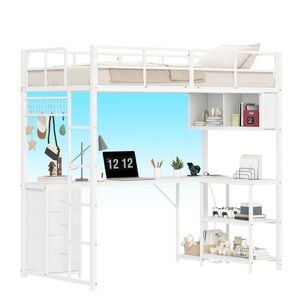 Advwin Loft Bed with L-Shaped Desk & 3 Drawers Shelves Single Size White