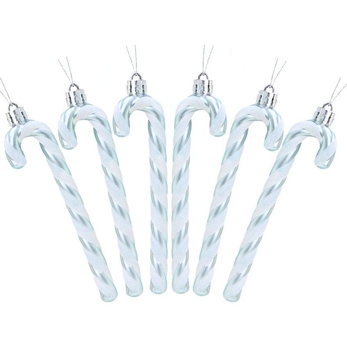 Catzon 6 Pcs Glitter Candy Cane Christmas Ornaments with Golden Ropes-Ice Blue