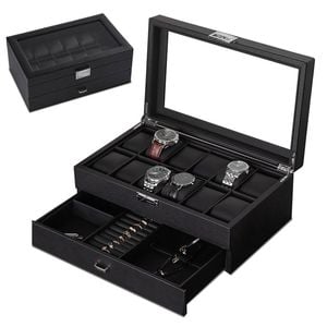 Catzon Watch Box With Glass Window Weaving Texture Watch Jewelry Organizer-12slot2layer