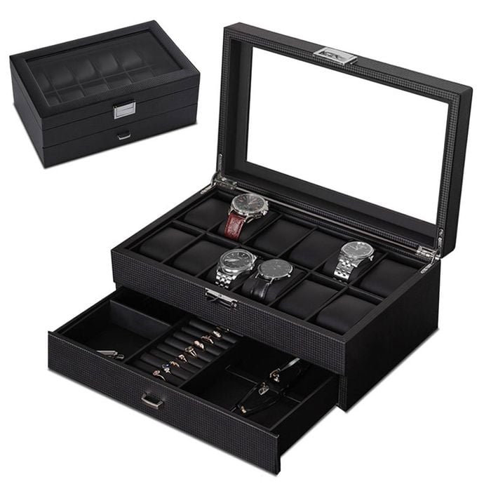 Catzon Watch Box With Glass Window Weaving Texture Watch Jewelry Organizer-12slot2layer