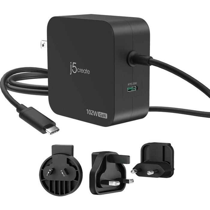 J5create 2-port Gan Pd Usb-c 102w charger W/ Changeable Ac Plugs