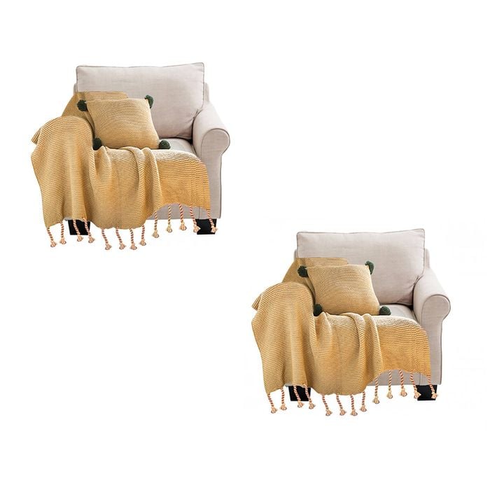 SOGA 2X Coffee Knitted Throw Blanket with Tassel Fringe