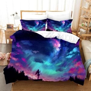 3D Pink Blue Aurora Girl Star Sky Quilt Cover Set Bedding Set Duvet Cover Pillowcases SF19