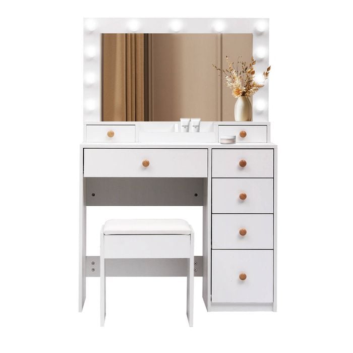 Levede LED Bulbs Makeup Mirror Dressing Table Stool Set White