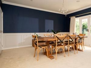 A dining room with a freshly cleaned beige carpet features a large wooden table surrounded by matching chairs.