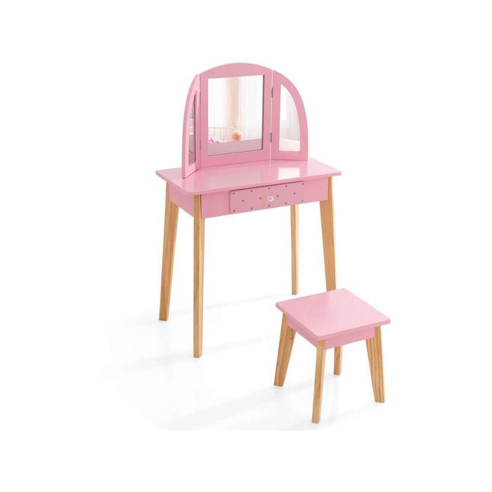 Costway 2in1 Kids Wood Dressing Vanity Table Stool Set Pink