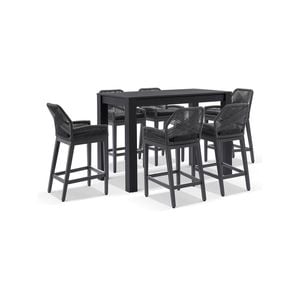 Santorini Outdoor 1.5m Bar Table Charcoal With 6 Hugo Aluminium And Rope Stools & Denim Grey Cushions