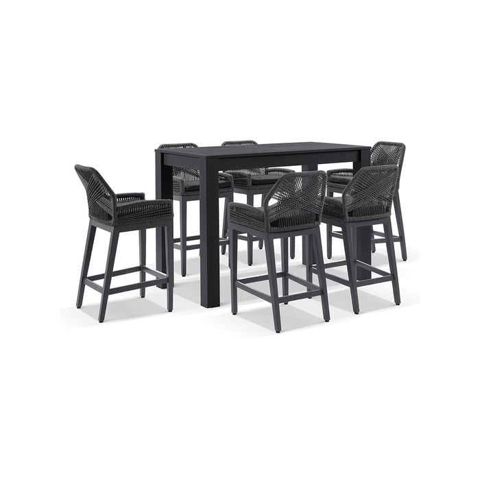 Santorini Outdoor 1.5m Bar Table Charcoal With 6 Hugo Aluminium And Rope Stools & Denim Grey Cushions