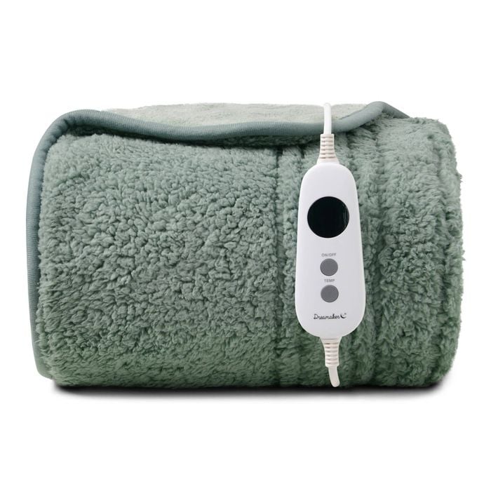 Dreamaker Eve Reversible Sherpa & Coral Fleece Electric Heated Throw Blanket Olive & Sage 130 X 160cm | Overheat Protection