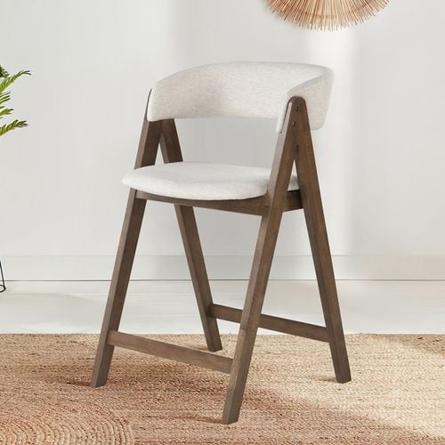 Gaudi Hardwood Counter Bar Stool Rustic Walnut Beige Fabric Bunnings Australia