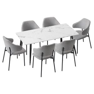 Oikiture 7PCS Dining sets 120cm Rectangle Table with Chairs Fabric Grey