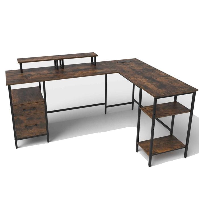 Costway Reversible L Computer Desk Power Outlet Monitor Stand Drawer Shelf