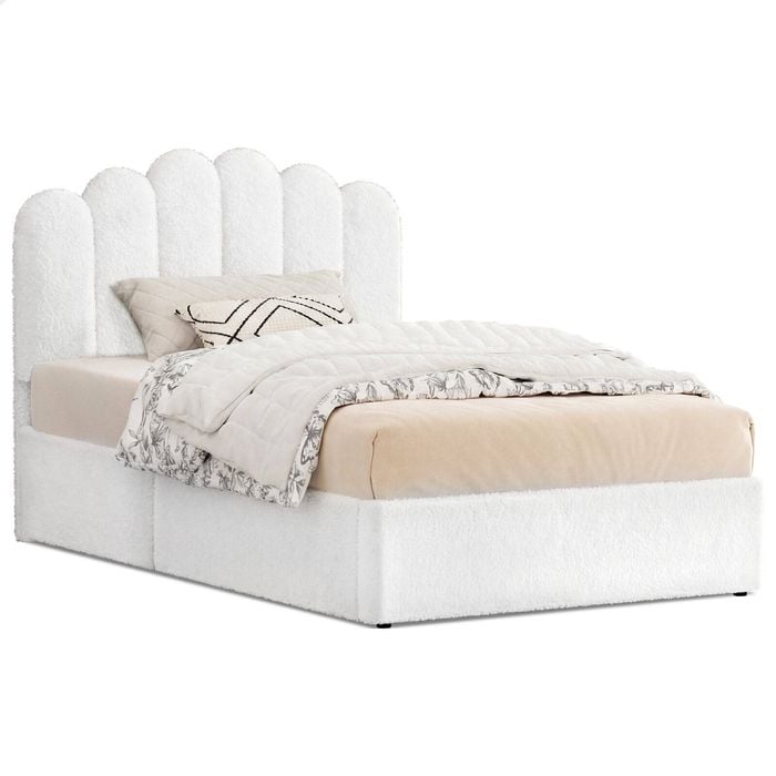 Alfordson Bed Frame Single Size Gas Lift Storage Base Wooden Boucle White Mutis