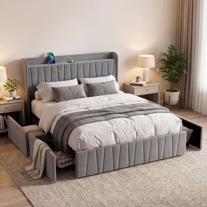 Advwin Bed Frame Queen Size with Upholstered Headboard 4 Storage Drawers Charging Station Grey