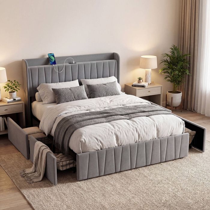 Ufurniture Upholstered Bed Frame with Tufted Headboard & Charging Station 4 Storage Drawers Queen Size Dark Grey