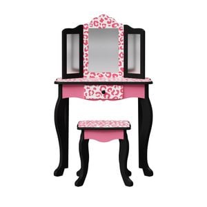 Teamson Kids Leopard Prints Wooden 2-pc. Play Vanity Set, Black/pink
