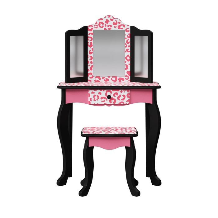 Teamson Kids Leopard Prints Wooden 2-pc. Play Vanity Set, Black/pink