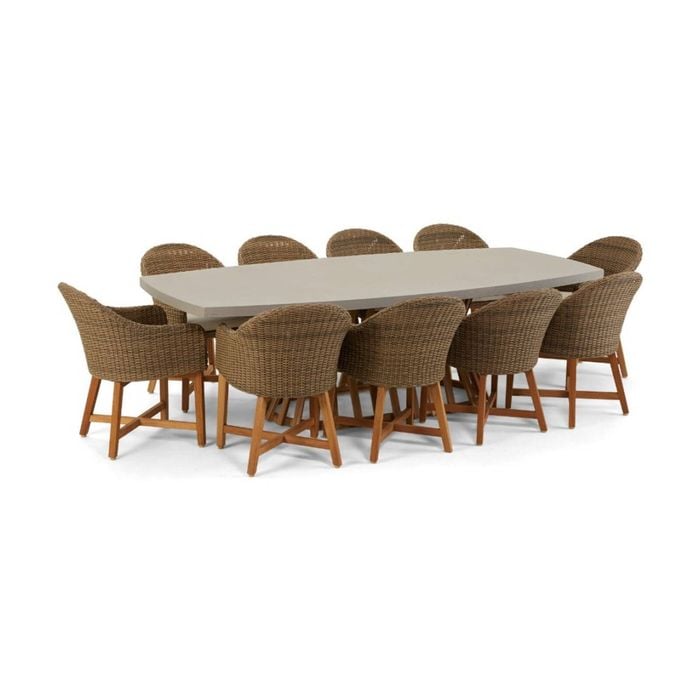 Waverley 2.6m Outdoor Concrete Look Dining Set Brushed Wheat With 10 Coastal Wicker Chairs & Cream Cushions