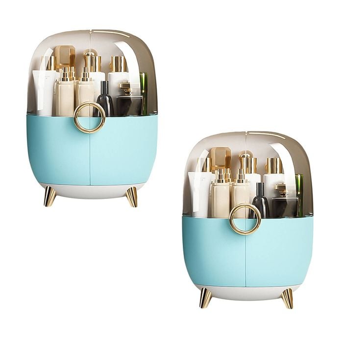 SOGA Makeup Storage Organiser Blue Transparent Countertop with Lid 2 Pack