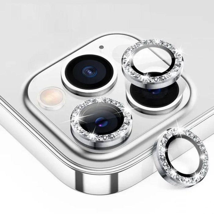 Metal Camera Len Glitter Cover Glass Protector Bling - For Apple iPhone 16 / 16 Plus (2pcs) - Silver