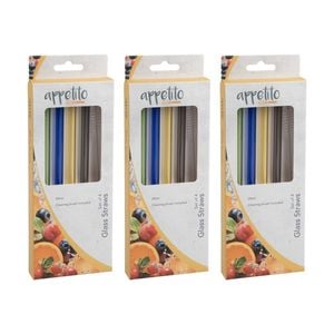 3x 4pc Appetito Borosilicate Glass Straw Set Straight 20cm Multi-coloured