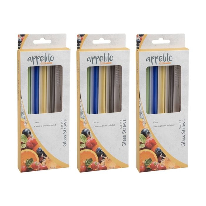 3x 4pc Appetito Borosilicate Glass Straw Set Straight 20cm Multi-coloured