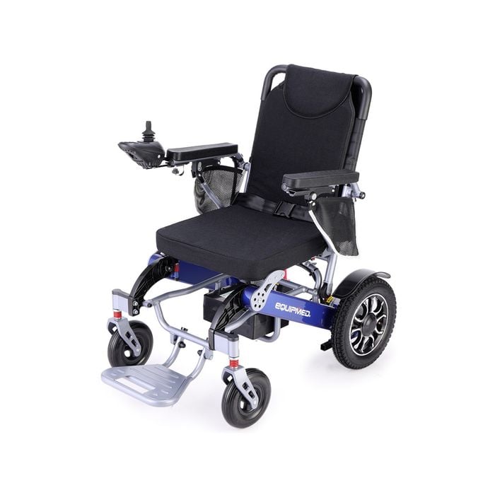 EQUIPMED Power Electric Wheelchair, Long Range, Airline Approved, Folding, Aluminium Frame, Lithium Battery, Blue