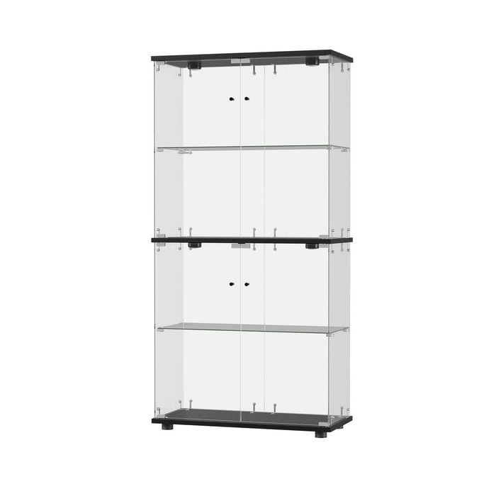 Oikiture Glass Display Cabinet 4-tier Led Light Bookcase With 2 Doors Black