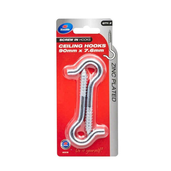 Zenith 90 x 7.6mm Zinc Plated Ceiling Hook - 2 Pack