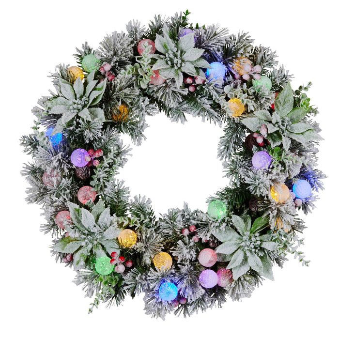 Christabelle Stunning 61cm Snowy Christmas Wreath with LED Lights Crown Pine Baubles Front Door Decoration Ornament