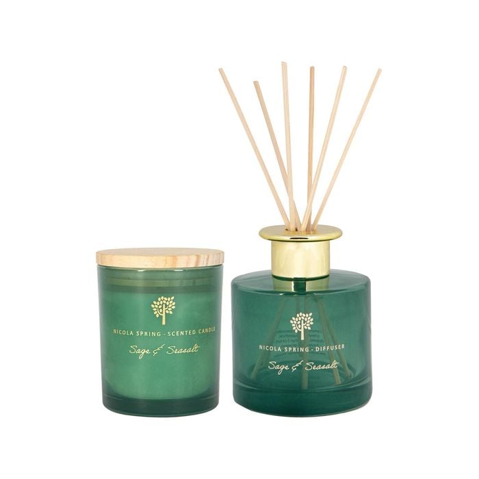 Nicola Spring Scented Candle & Reed Diffuser Set 130g - Sage & Seasalt - Herbal Spa Fragrance Long Burn