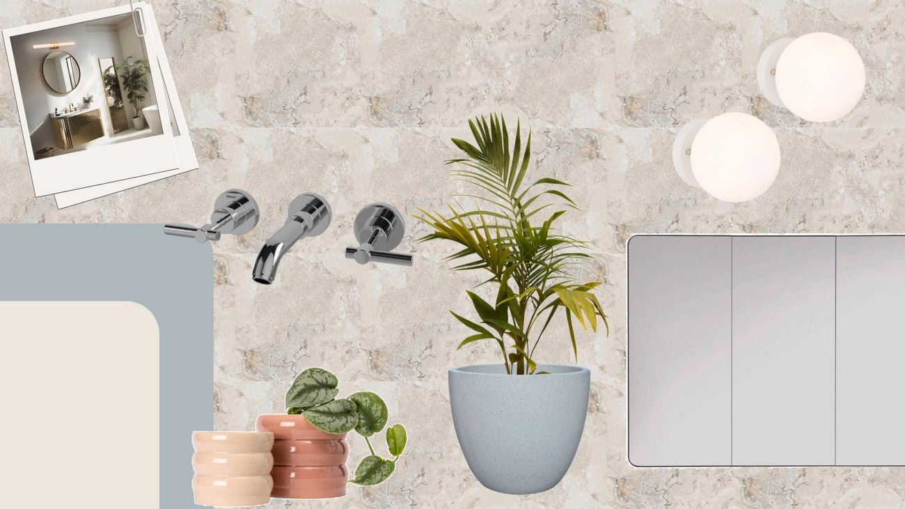 Bathroom mood board showcasing textured stone-look tiles, chrome wall-mounted tapware, soft white wall lights, potted plants and a minimalist mirrored cabinet in a contemporary neutral palette.