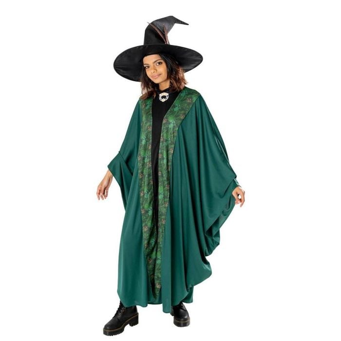Professor McGonagall Halloween Costume Adult Harry Potter Robe with Hat & Brooch - Green, One-Size