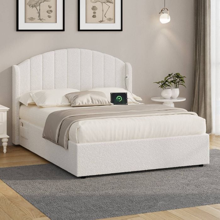 Oikiture Bed Frame Double Size With Gas Lift Storage Usb Charging Boucle