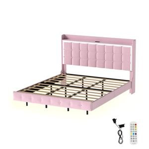 Levede Pink Floating Velvet Bed Frame with LED and Charging Station - King