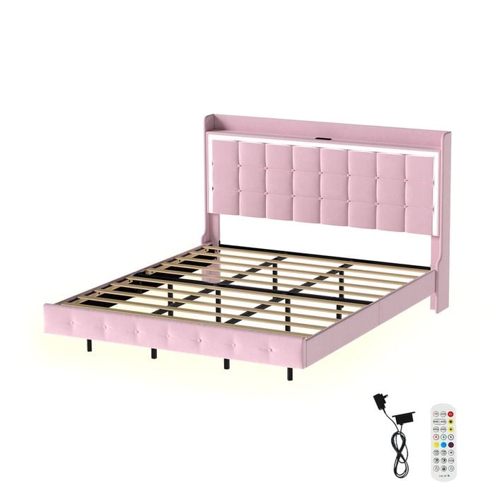 Levede Pink Floating Velvet Bed Frame with LED and Charging Station - King