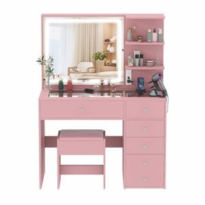 Ufurniture Dressing Table LED Light Set with Charging Station  Glass Tabletop Vanity Pink