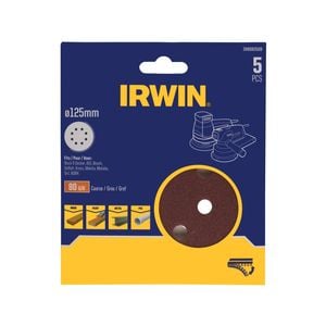 IRWIN 125mm 80G 8 Holes Quick Fit Random Orbital Sanding Discs - 5 Pack