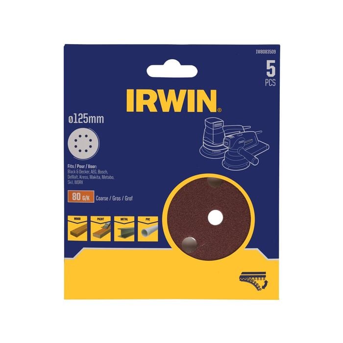 IRWIN 125mm 80G 8 Holes Quick Fit Random Orbital Sanding Discs - 5 Pack