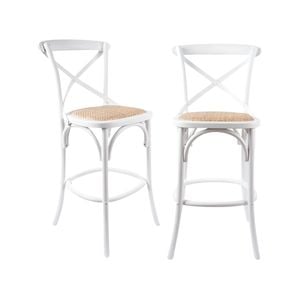 Aster 2pc Crossback Bar Stools Dining Chair Solid Birch Timber Rattan Seat White