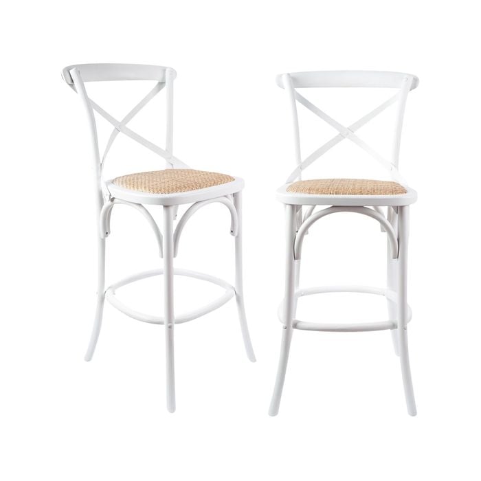 Aster 2pc Crossback Bar Stools Dining Chair Solid Birch Timber Rattan Seat White