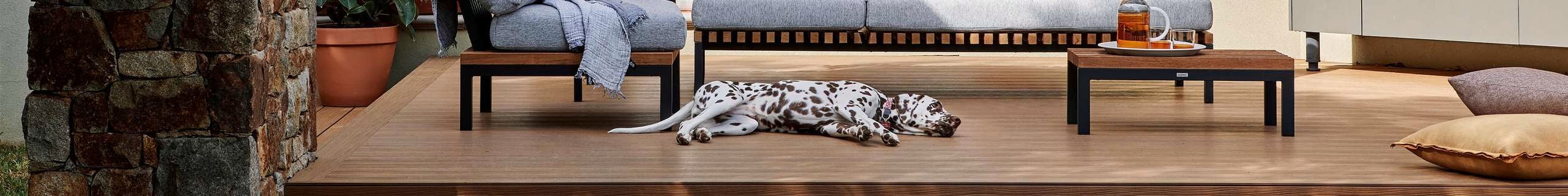 Ekodeck decking with Dalmatian dog laying down and outdoor sofa.